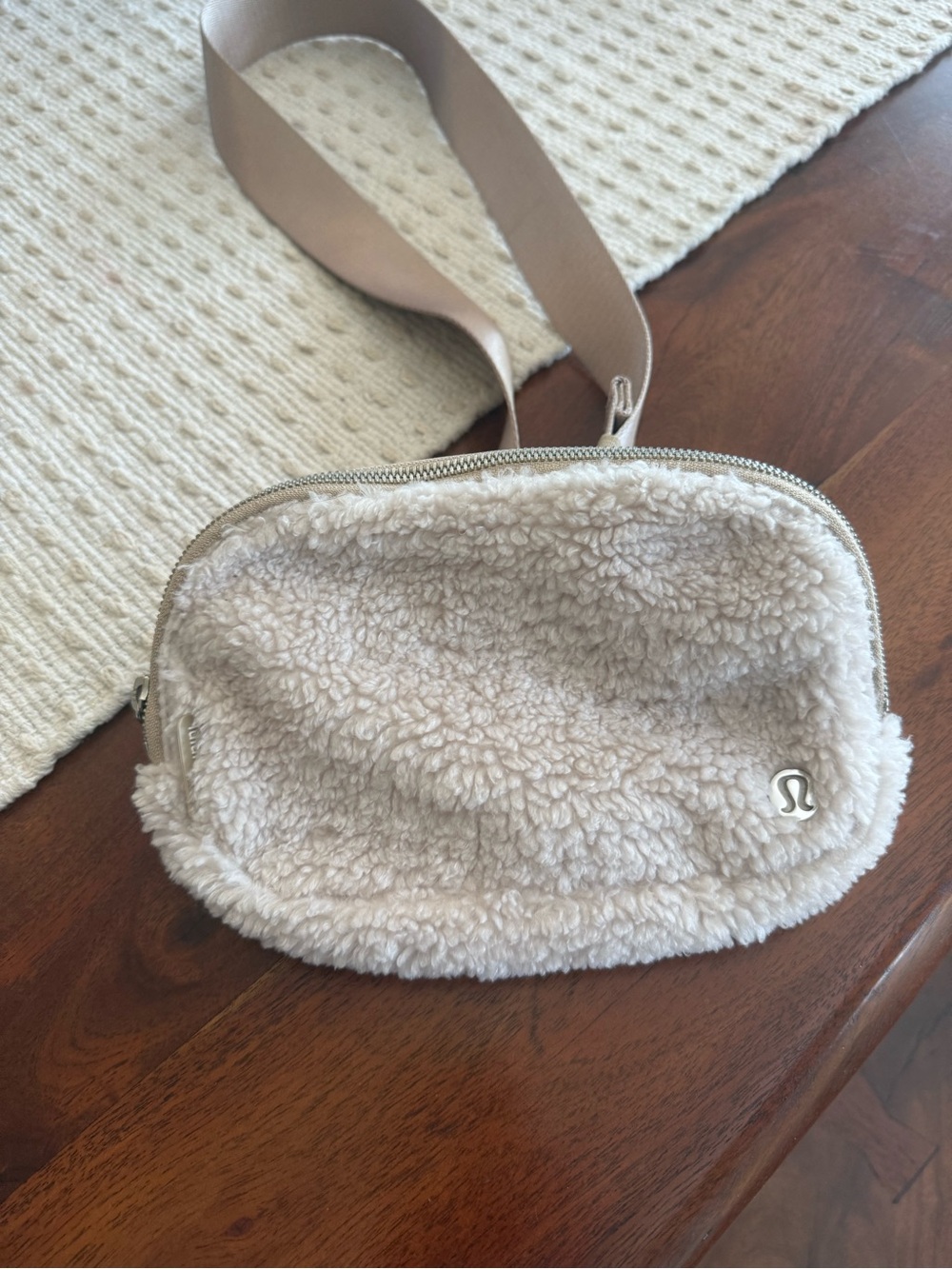 lululemon athletica Cream Shearling Everywhere Belt Bag with Beige Strap